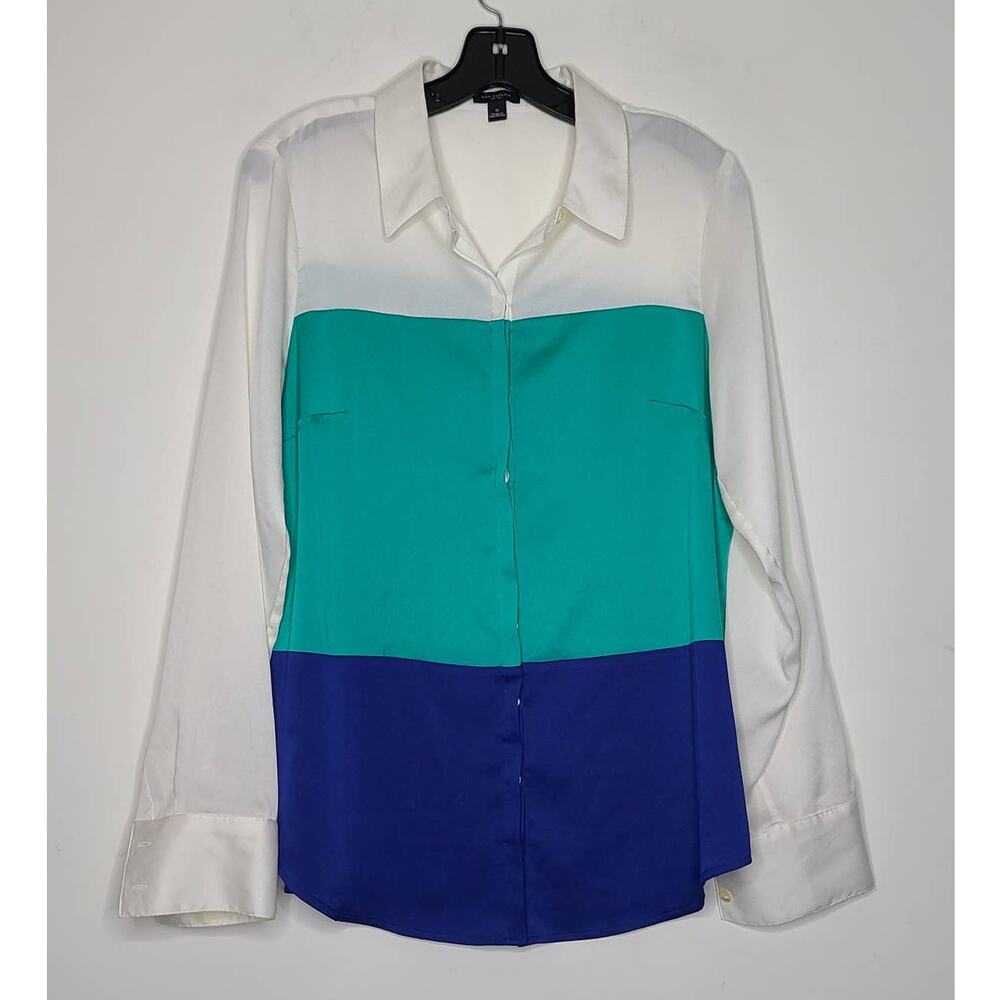 Ann Taylor color block silky long sleeve button down shirt blouse - size 8